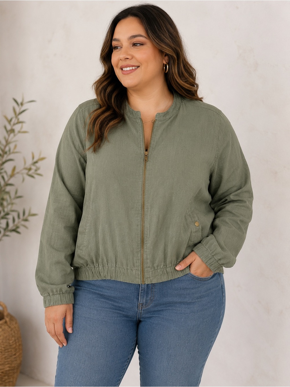Cynthia Rowley 100% linen Olive Zip-Front Bomber Jacket XL